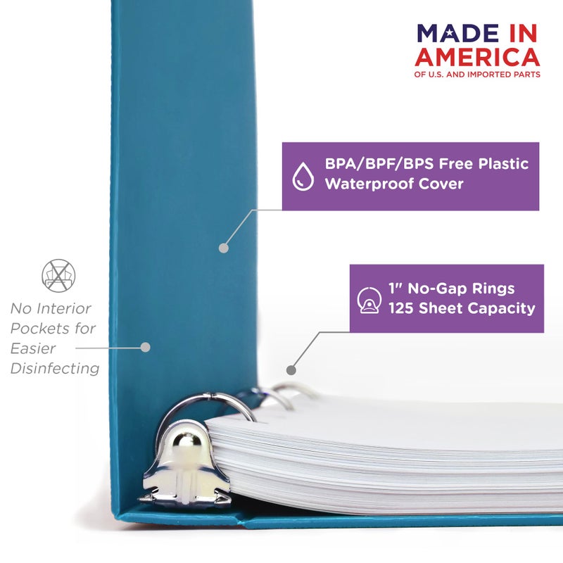 Carstens 1-Inch Heavy Duty 3-Ring Binder - Side Opening, Pool Blue, Durable Plastic, Precision No-Gap Rings, Waterproof Cover, No Pockets, Holds 125 US Letter Sheets, BPA-Free, Made in USA (8714-3R) - Image 2